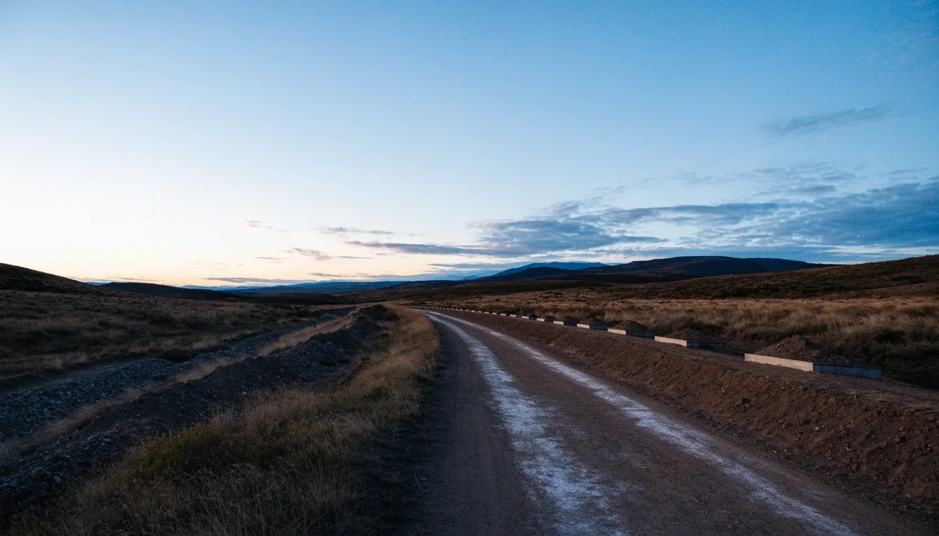 Camino de servicio junto al corredor de ductos en la meseta al anochecer