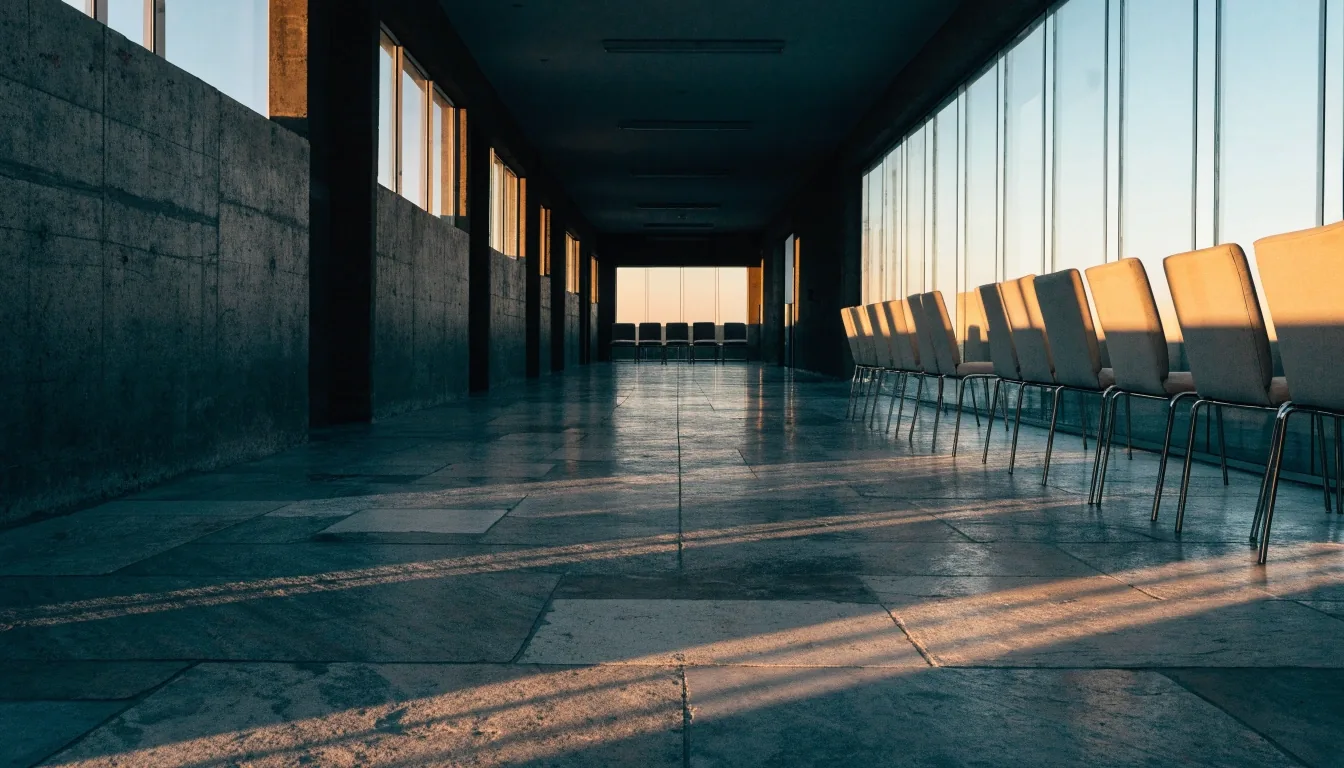 Pasillo institucional vacío en Neuquén al atardecer, con luz de ventana sobre el suelo y sillas vacías al fondo
