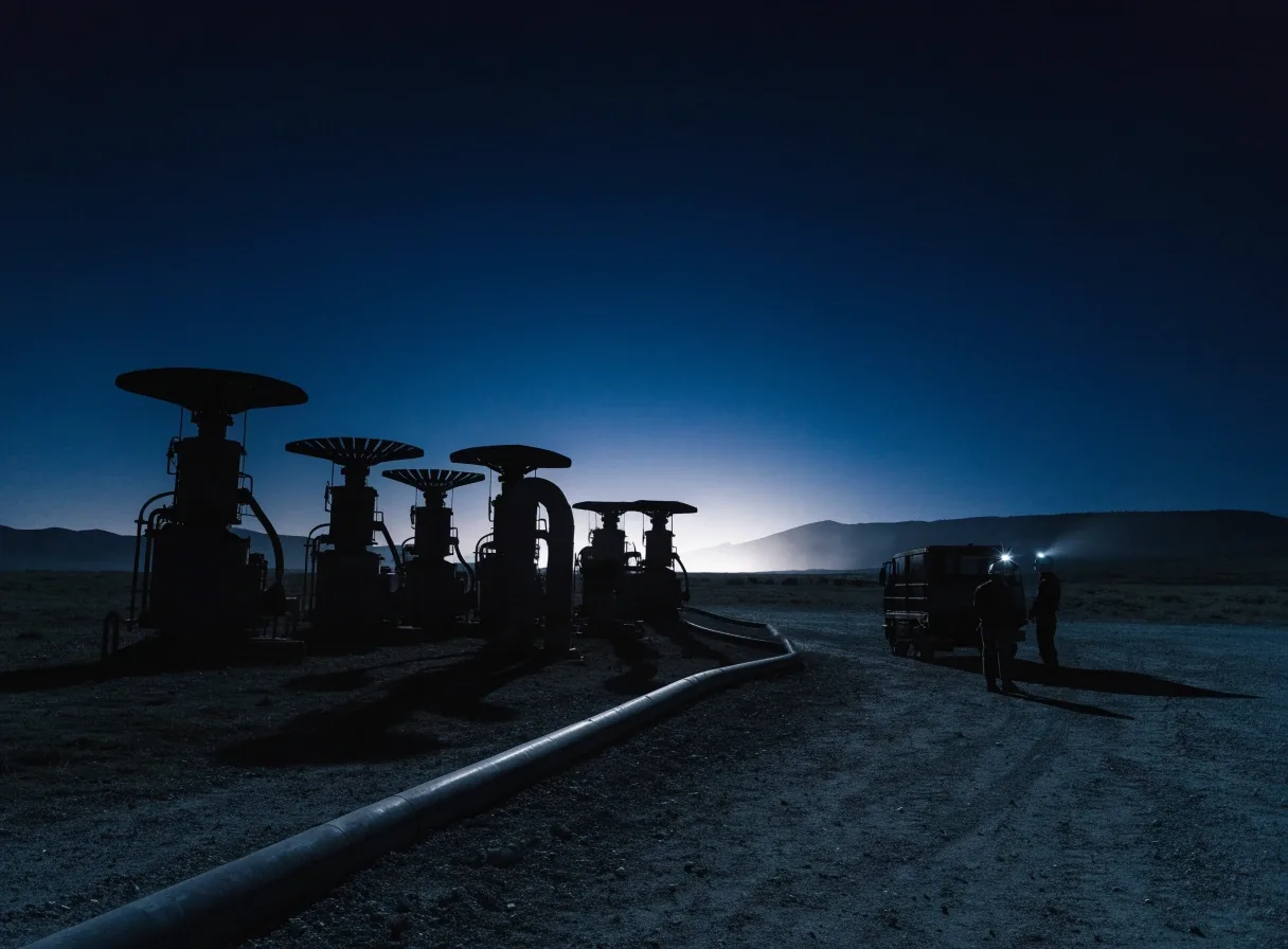 Conjunto de cabezales y equipos de extracción sobre el plateau al caer la noche