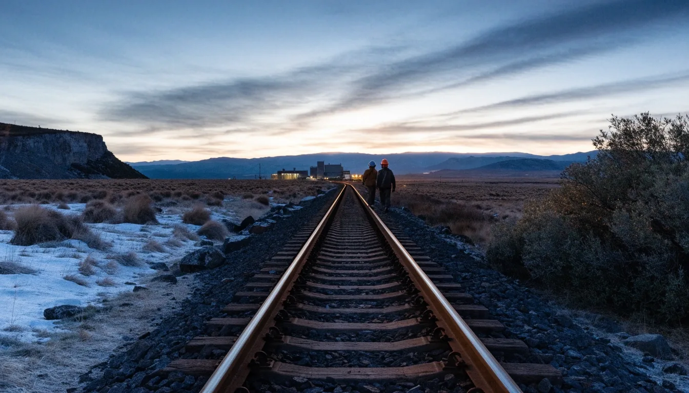 Vía ferroviaria de carga en dirección a una terminal industrial al atardecer frío
