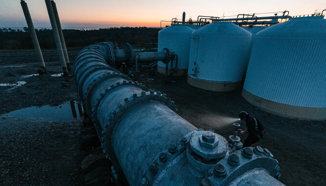 Instalaciones de un terminal de exportación de GNL en la costa atlántica al atardecer