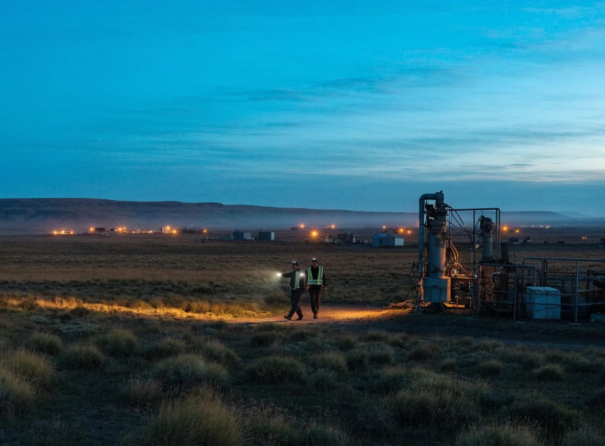 Yacimiento en la meseta neuquina al atardecer, con equipos de extracción recortados contra el cielo