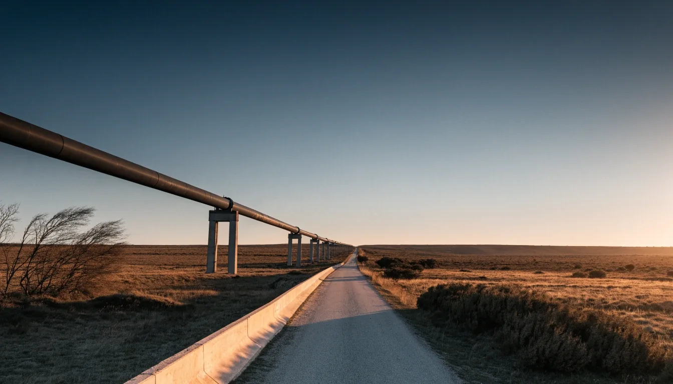 Camino de corredor junto a un gasoducto elevado en la estepa patagónica al atardecer