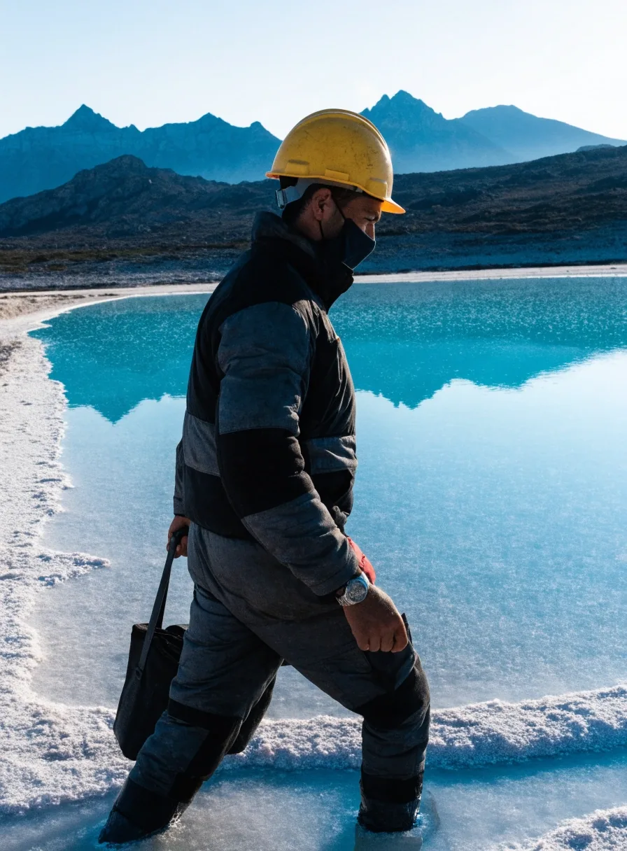 Piletas de evaporación de salmuera de litio sobre un salar andino de altura, vistas desde el aire