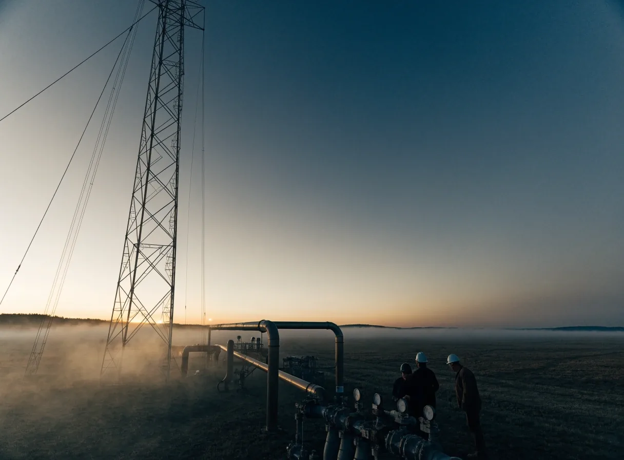 Plataforma de gas en la meseta patagónica al atardecer, con torre y cañerías iluminadas entre niebla baja