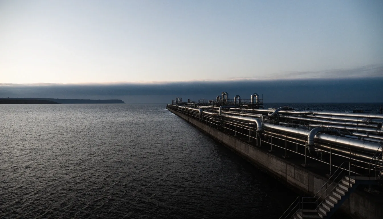 Terminal de exportación de GNL y corredor de gasoductos al caer la tarde sobre la costa atlántica argentina