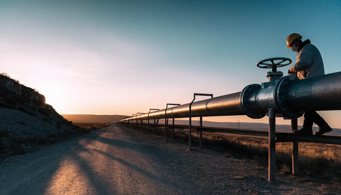 Corredor de ductos junto a un camino de servicio en la meseta neuquina al atardecer