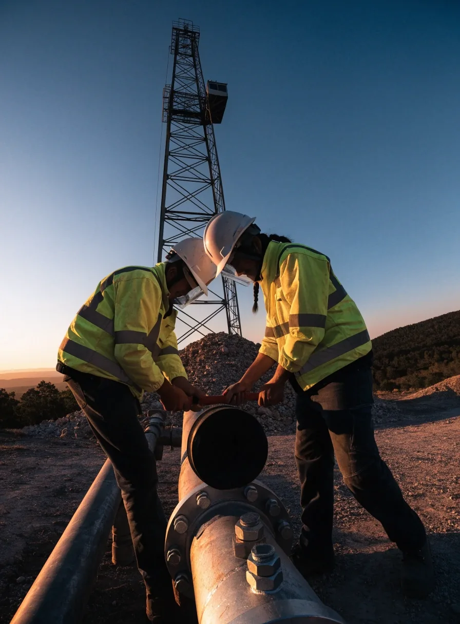 Equipo de perforación en un pad de shale iluminado por luces de trabajo al caer la tarde