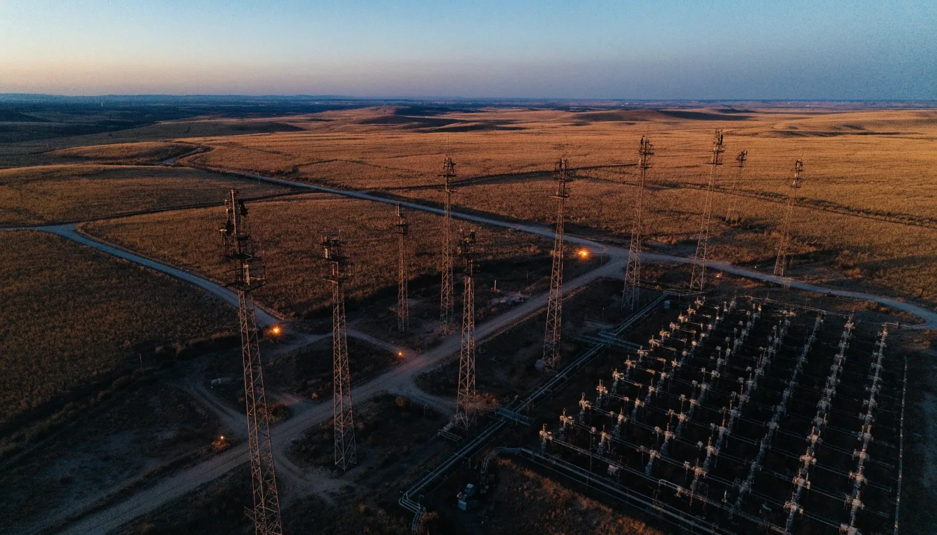 Vista aérea de un pad de pozos en Vaca Muerta al atardecer, con la grilla de cabezales sobre el terreno