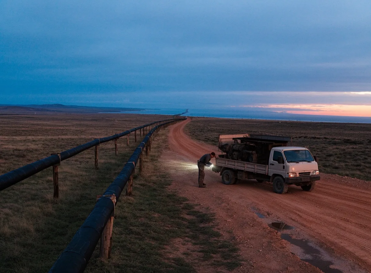 Camino de servicio junto a un corredor de ductos en la estepa patagónica al anochecer