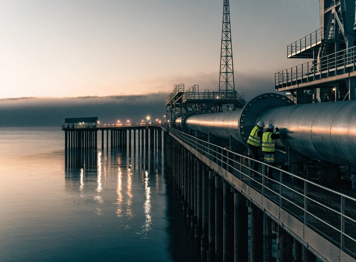 Planta de exportación de gas en la costa atlántica al atardecer, con tuberías y estructura portuaria hacia el horizonte