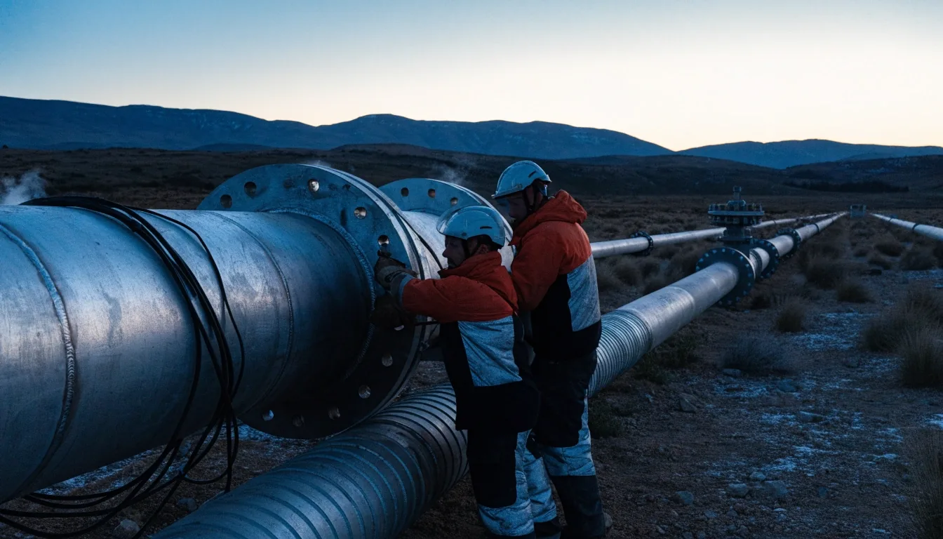 Planta de procesamiento de gas en la meseta patagónica durante la hora azul, con tuberías hacia el punto de fuga